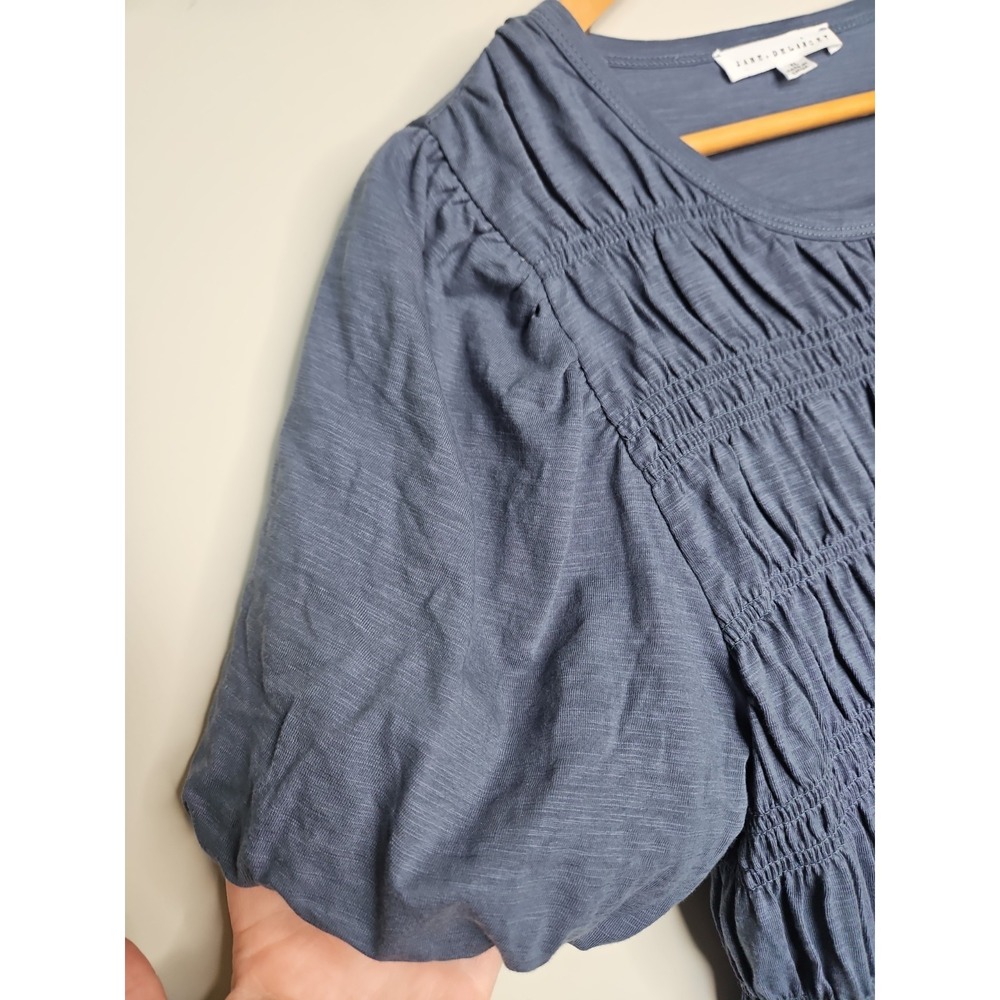 Jane + Delancey Blouse XL Blue Gray Puff Sleeve Smocked Cotton Coastal Boho Chic - Picture 4 of 14